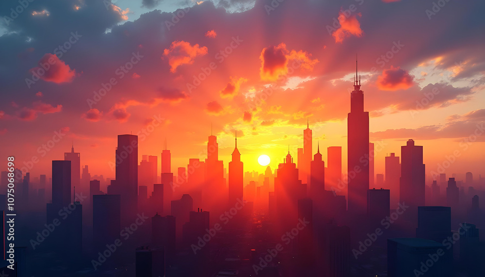 Stunning sunset over city skyline, with vibrant colors and silhouettes of skyscrapers. sun rays create dramatic atmosphere, enhancing urban landscape Stunning sunset over city skyline, with vibrant colors and silhouettes of skyscrapers. sun rays create dramatic atmosphere, enhancing urban landscape