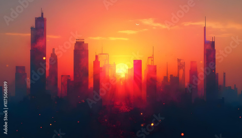 vibrant sunset over city skyline, with silhouettes of tall buildings against colorful sky. scene evokes sense of tranquility and awe