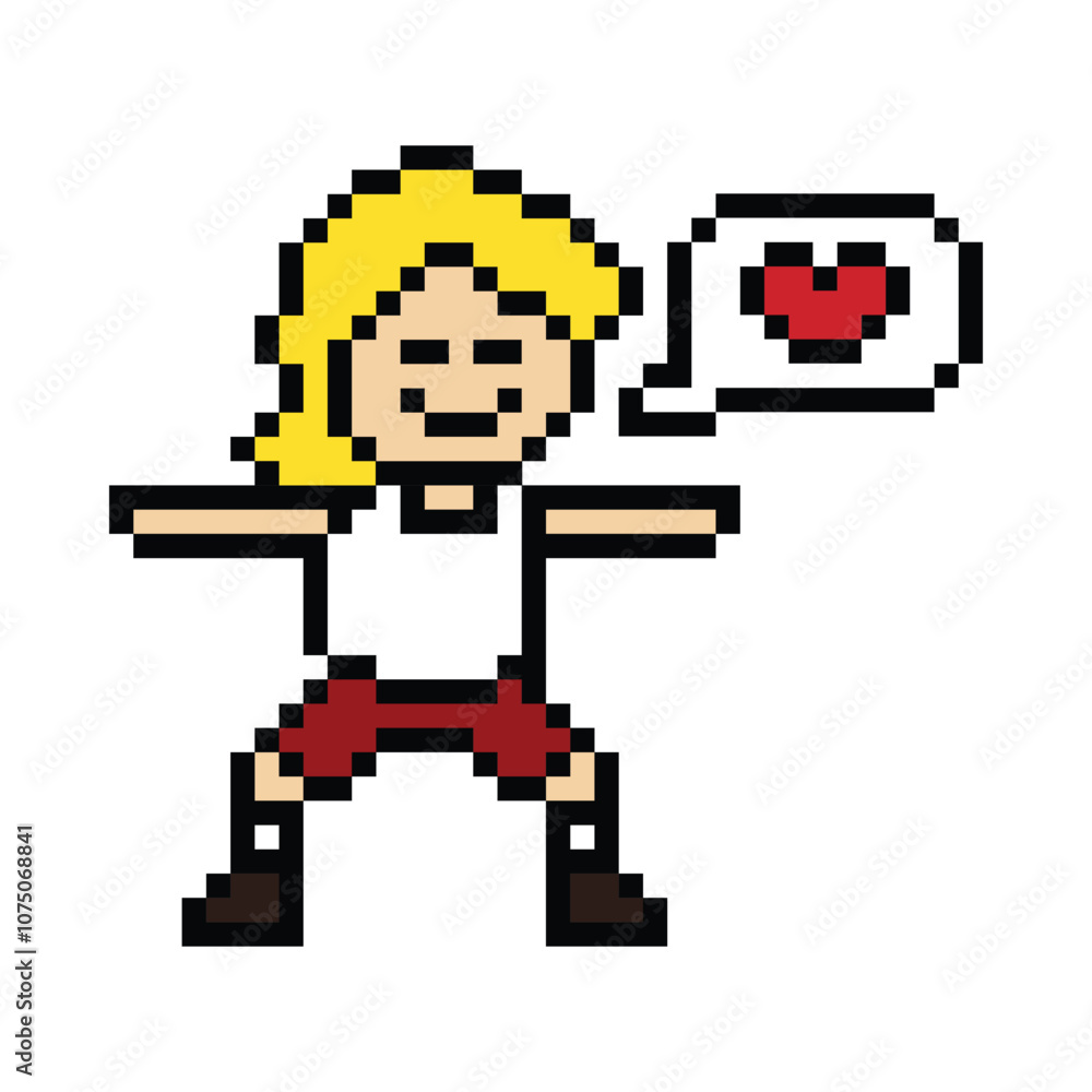 Obraz premium Cute cartoon pixel character cute man exercises training aerobic dance lifestyle music decoration life style 8 bit male boy dance with music game fitness isolated PNG vector.