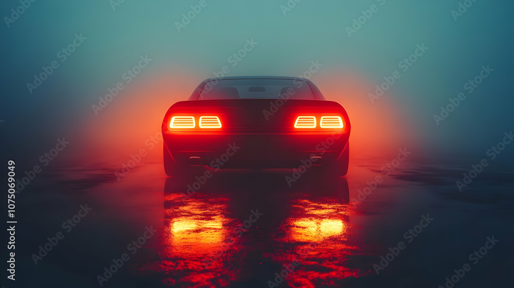 3D Car, Red Tail Lights, Foggy Night Illustration 3D Car, Red Tail Lights, Foggy Night Illustration