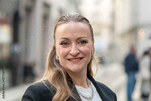 Canvas Print Portrait of an elegant European-looking woman aged 35-40, against a background of softly blurred outlines of an urban landscape