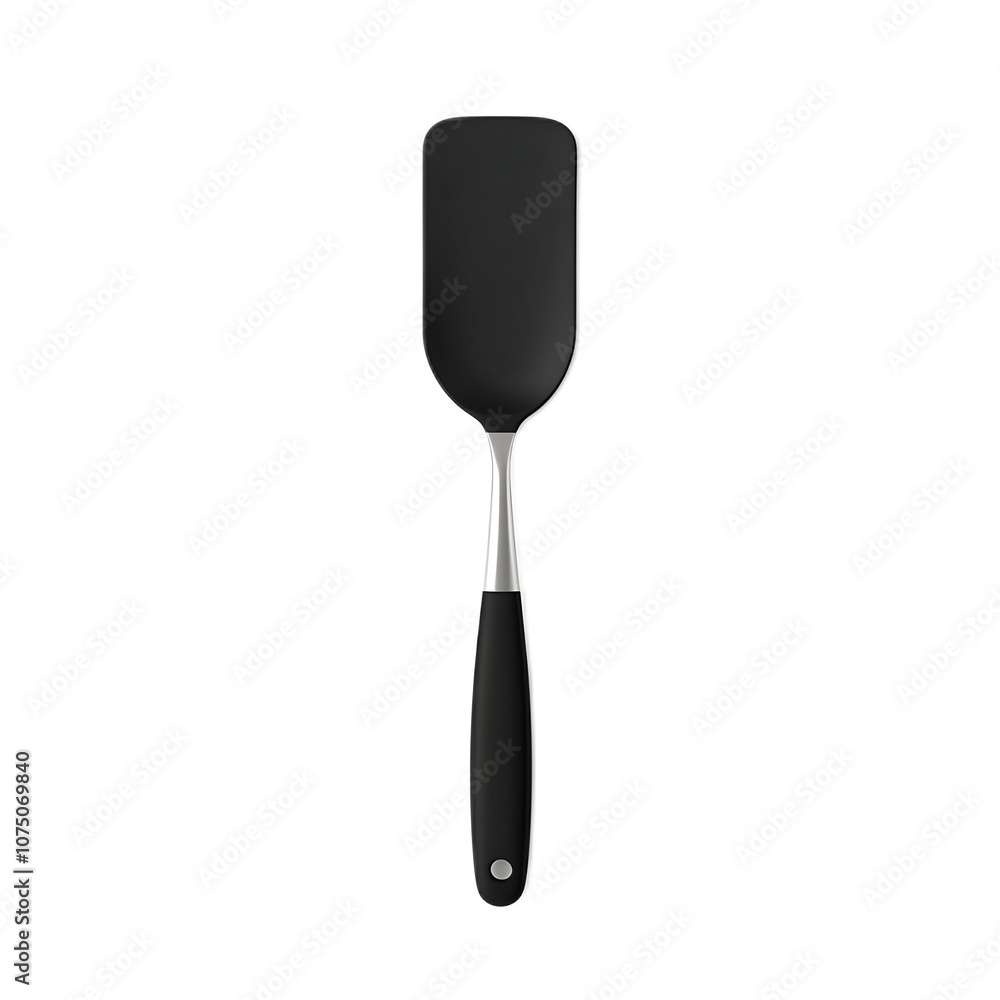 a spatula, black silicone head with silver handle, realistic texture, isolated on white background
