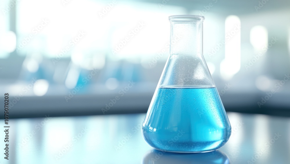 A Single Erlenmeyer Flask with Blue Liquid on a White Table in a Laboratory Setting A Single Erlenmeyer Flask with Blue Liquid on a White Table in a Laboratory Setting