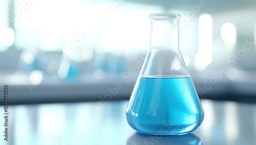 A Single Erlenmeyer Flask with Blue Liquid on a White Table in a Laboratory Setting