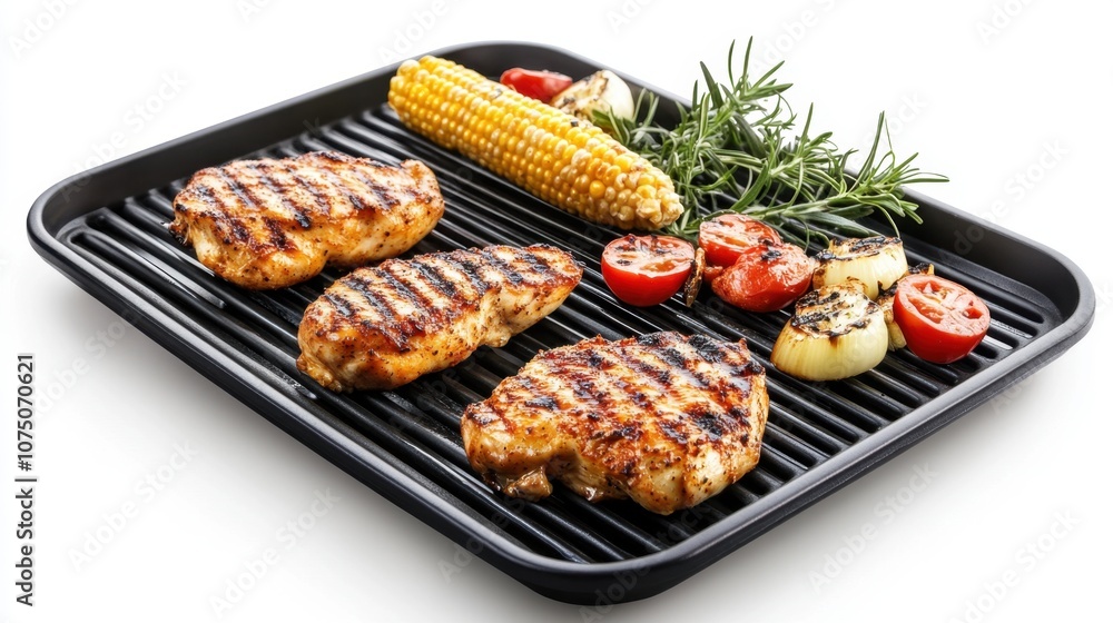 Grilled Chicken Breast with Colorful Vegetables on Black Grilling Pan, Showcasing Juicy Texture and Perfect Charred Marks, Ideal for Summer BBQ Decoration Grilled Chicken Breast with Colorful Vegetables on Black Grilling Pan, Showcasing Juicy Texture and Perfect Charred Marks, Ideal for Summer BBQ Decoration