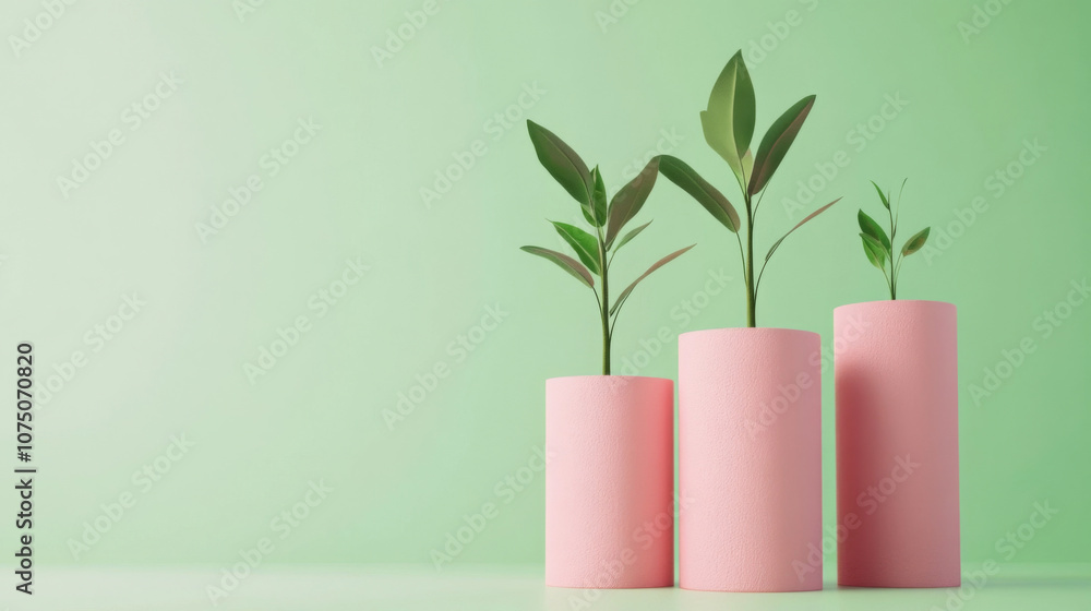 Sustainable Growth Visualized with Sprouting Plant Bar Graph and Eco-Finance Symbols in 3D Sustainable Growth Visualized with Sprouting Plant Bar Graph and Eco-Finance Symbols in 3D