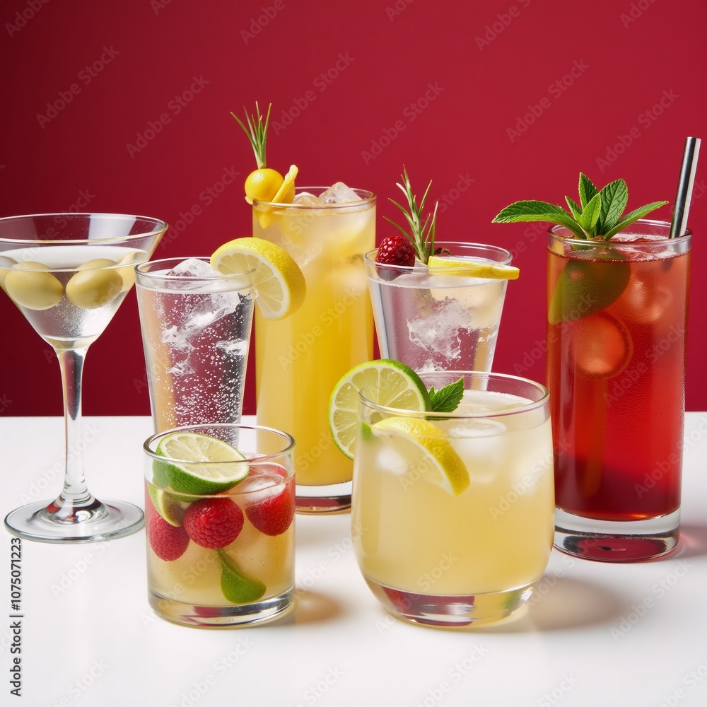 Fototapeta premium Array of Seven Refreshing Cocktails Drinks Colorful