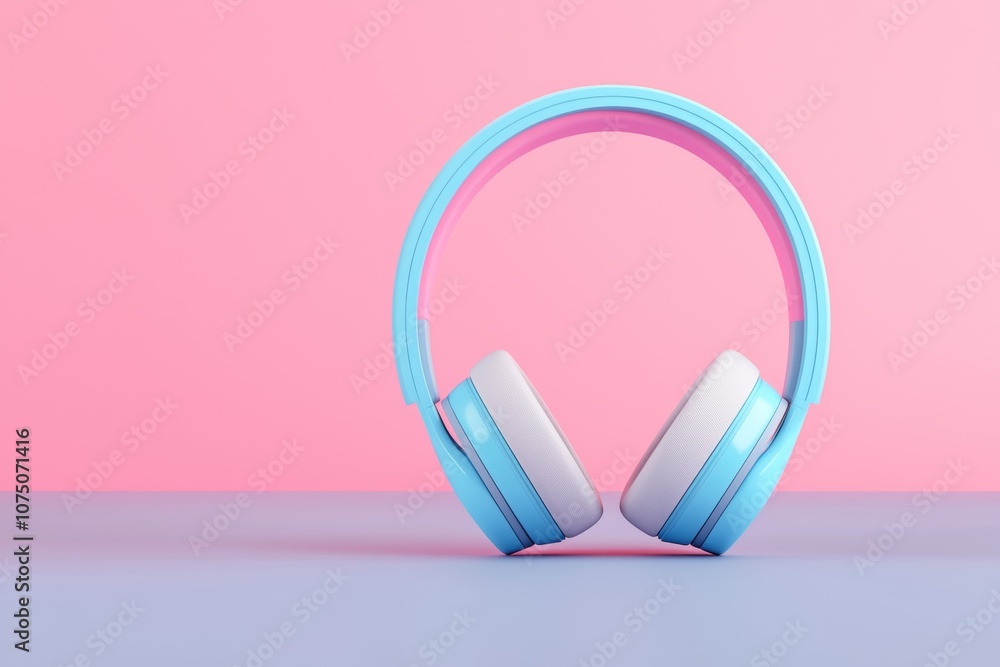 A stylish pair of blue headphones rests on a pink and gray surface in a modern, minimalist setting A stylish pair of blue headphones rests on a pink and gray surface in a modern, minimalist setting