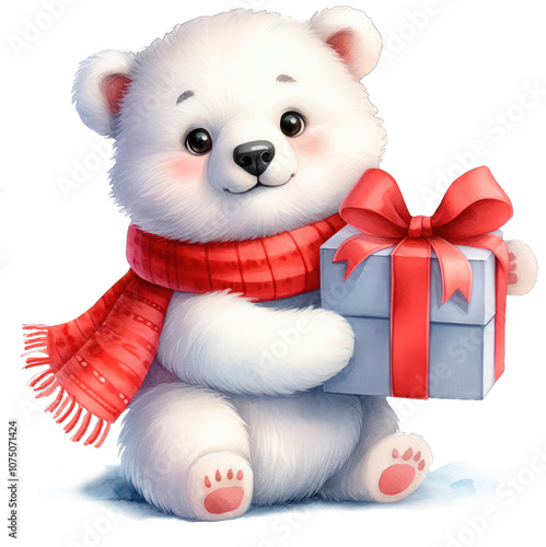 Cute polar bear cub with a gift. Watercolor illustration