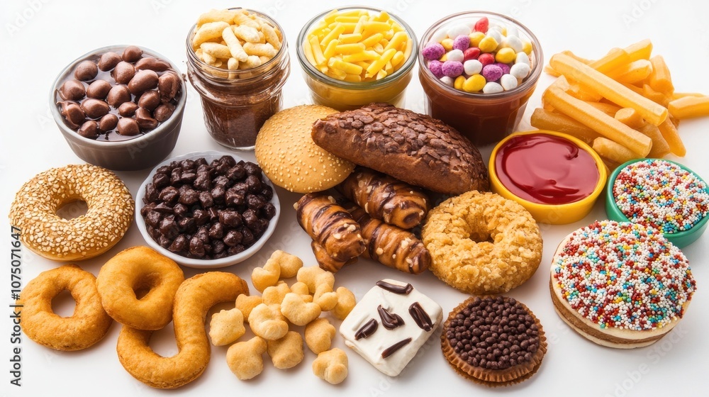 Assorted junk food varieties including donuts, cookies, chocolates, candies, and fries displayed prominently against a white background, depicting a high-calorie, sweet, and savory snack spread. Assorted junk food varieties including donuts, cookies, chocolates, candies, and fries displayed prominently against a white background, depicting a high-calorie, sweet, and savory snack spread.