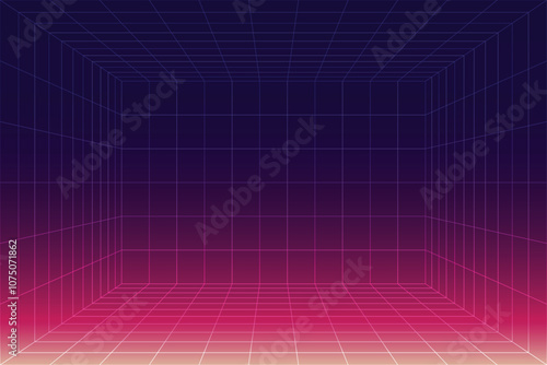Abstract wireframe with pink grid line. Futuristic perspective grid box. Retro Futurism Sci-Fi Background. glowing neon grid. and stars from vintage arcade computer games