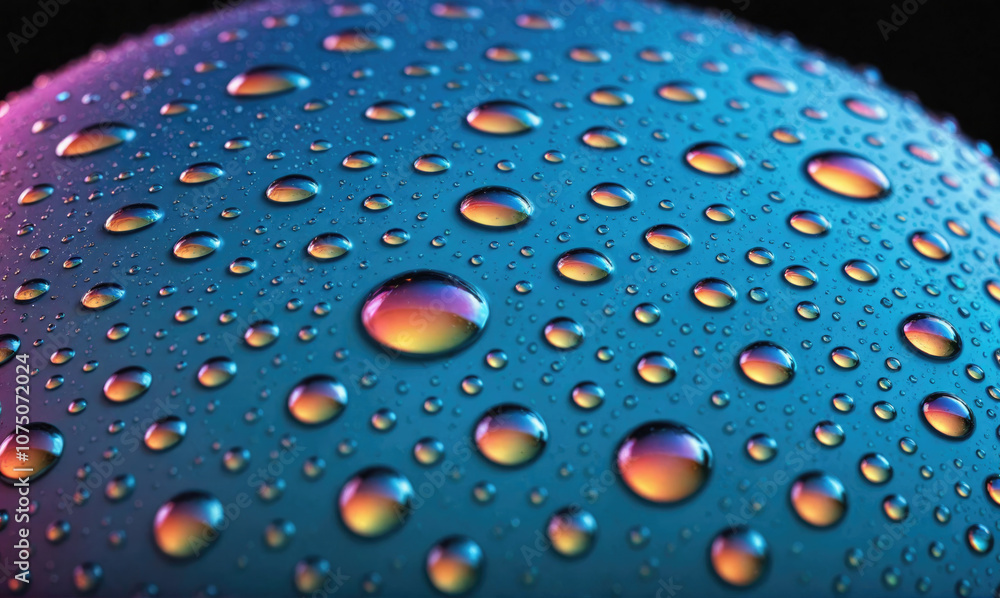 A close-up shot of water droplets on a blue surface, illuminated by colorful lights A close-up shot of water droplets on a blue surface, illuminated by colorful lights