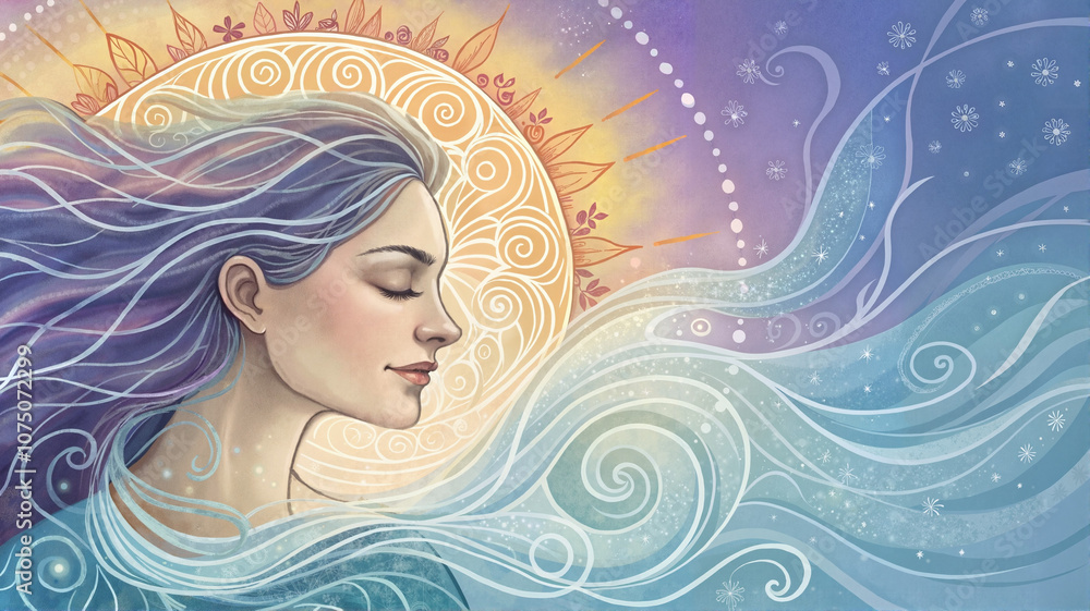 Woman with flowing hair and sun symbol in spiritual illustration
Woman with flowing hair and sun symbol in spiritual illustration