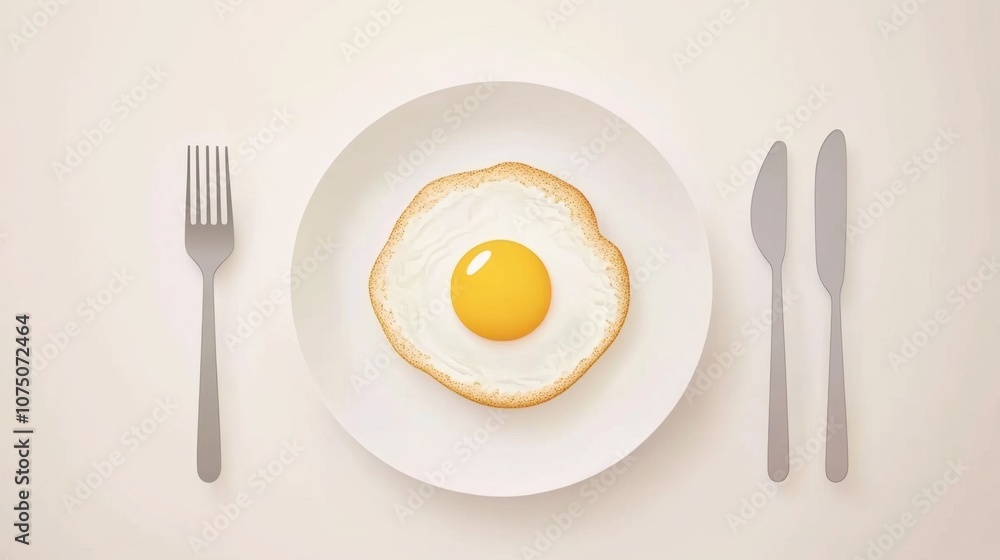 Freshly Cooked Egg on Toast Served on a White Plate with Fork and Knife Ready for Breakfast in a Minimalistic Kitchen Setting Freshly Cooked Egg on Toast Served on a White Plate with Fork and Knife Ready for Breakfast in a Minimalistic Kitchen Setting