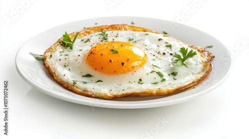 Freshly Fried Egg on White Plate Garnished with Parsley and Black Pepper, Ready to Serve for Breakfast or Culinary Presentation