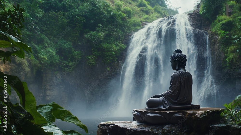 Tranquility by the Waterfall - Buddha Statue in Serene Nature Tranquility by the Waterfall - Buddha Statue in Serene Nature