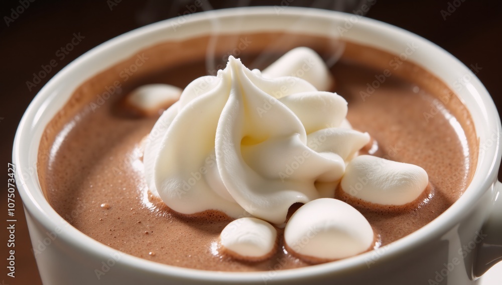 Hot chocolate with whipped cream and marshmallows steams enticingly