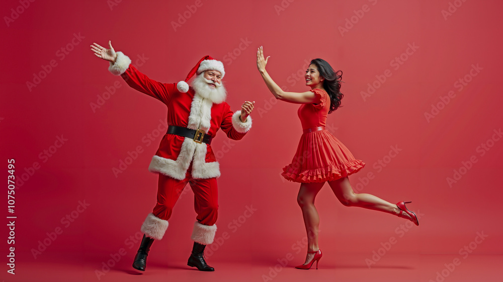 A man and a woman dressed as Santa Claus dancing together A man and a woman dressed as Santa Claus dancing together