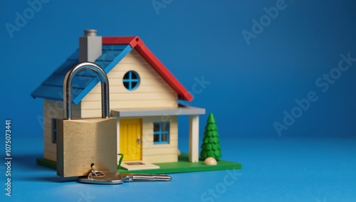 Colorful House Model with Key  Padlock on Blue Background Security  Homeownership Symbolized photo