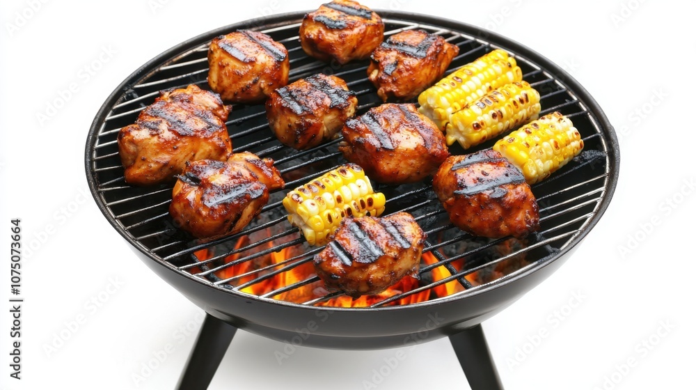 Juicy Grilled Chicken and Sweet Corn on a Charcoal Barbecue Grill, Perfect for Summer Gatherings and Outdoor Cookouts, Delicious Food Preparation and Enjoyment Juicy Grilled Chicken and Sweet Corn on a Charcoal Barbecue Grill, Perfect for Summer Gatherings and Outdoor Cookouts, Delicious Food Preparation and Enjoyment