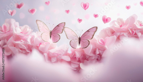 A sweet butterfly on a calming cloud and pink petals and heart shape background.