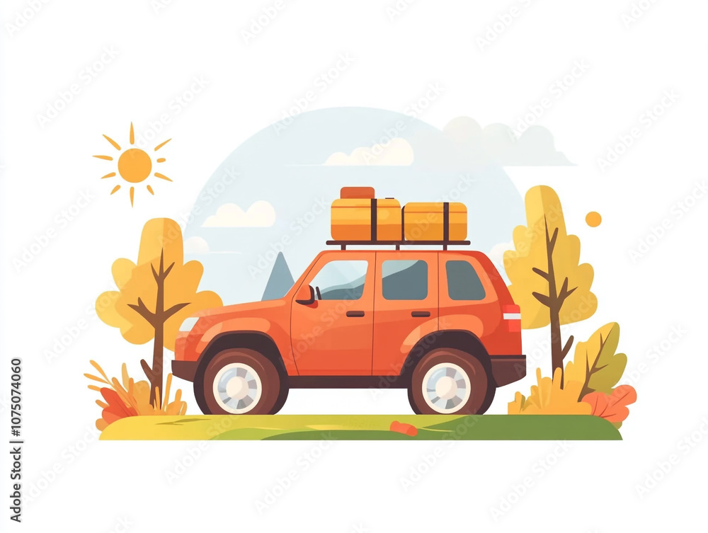 Fototapeta premium A SUV with luggage on the roof rack driving through an autumn landscape in a flat design illustration isolated on white background. 