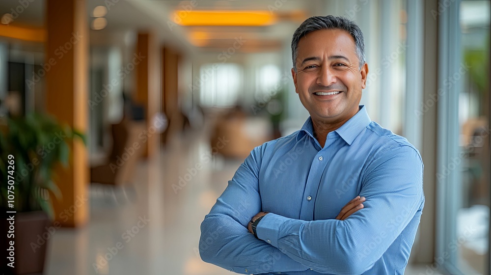 A Confident Man in a Blue Shirt, Standing in a Modern Office Space A Confident Man in a Blue Shirt, Standing in a Modern Office Space
