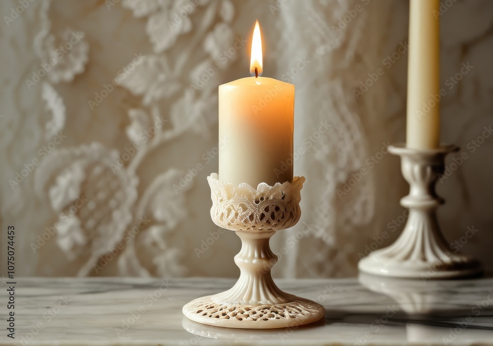 Lit candle in an antique lace candlestick, nostalgic lighting, soft shadows on marble surface Lit candle in an antique lace candlestick, nostalgic lighting, soft shadows on marble surface