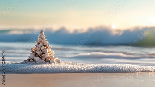 Beautiful Arrangement of Seashells on the Shore with Gentle Waves in the Background During Sunrise, Capturing the Tranquility of Nature at the Beach photo