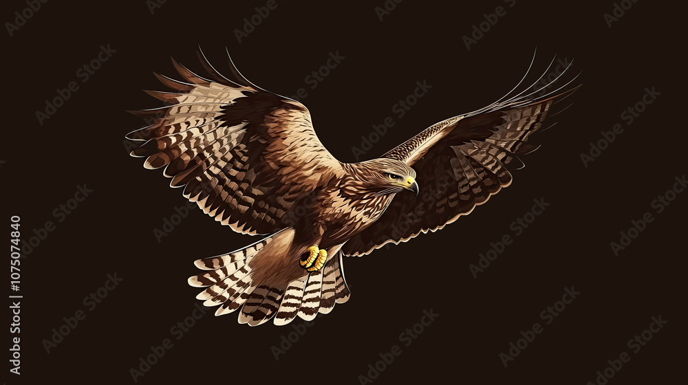 Fototapeta premium A Brown Hawk with Spread Wings in Flight, Dark Background