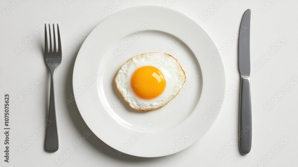 A Delicious Sunny-Side Up Egg Served on a Clean White Plate Surrounded by Cutlery, Perfect for Breakfast or Culinary Photography A Delicious Sunny-Side Up Egg Served on a Clean White Plate Surrounded by Cutlery, Perfect for Breakfast or Culinary Photography