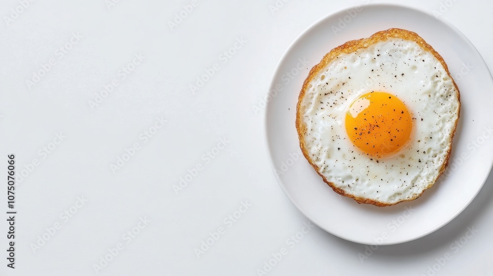 Deliciously Cooked Fried Egg Served on a White Plate with a Soft Runny Yolk Garnished with Black Pepper, Perfect for Breakfast or Culinary Photography Deliciously Cooked Fried Egg Served on a White Plate with a Soft Runny Yolk Garnished with Black Pepper, Perfect for Breakfast or Culinary Photography