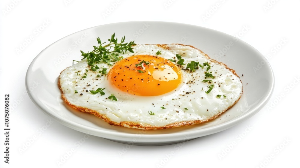 Fried Egg on a White Plate Garnished with Fresh Herbs and Seasoning, Bright Yellow Yolk Center, Culinary Presentation, Isolated on a White Background Fried Egg on a White Plate Garnished with Fresh Herbs and Seasoning, Bright Yellow Yolk Center, Culinary Presentation, Isolated on a White Background