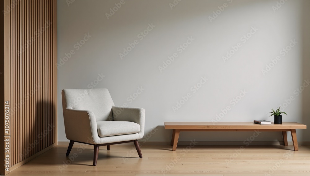 Modern living room featuring minimalist Japanese interior design with accent chair on grey wall bench Modern living room featuring minimalist Japanese interior design with accent chair on grey wall bench