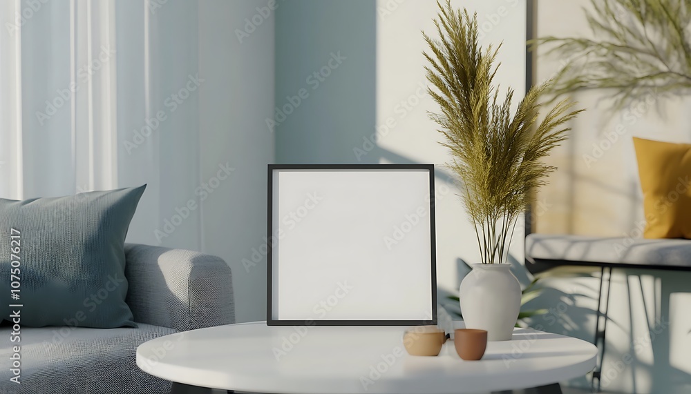 Obraz premium A minimalistic living space featuring a blank frame, plants, and decorative items.