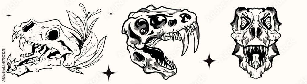 Line art Black and white set of skeleton and skull animal beast woodcut engraving style element for tattoos and apparel design Line art Black and white set of skeleton and skull animal beast woodcut engraving style element for tattoos and apparel design