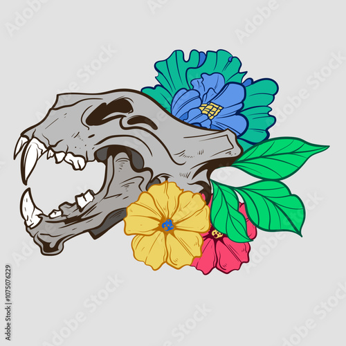 Skeleton Head Skull animal Beast Tyrannosaurus Rex Dinosaur and leaves plant floral woodcut engraving style element for tattoos and apparel design