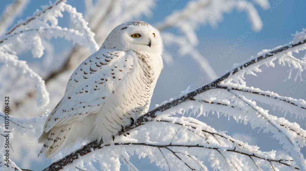 Snowy owl perched on frosty tree branch in winter landscape.
Snowy owl perched on frosty tree branch in winter landscape.