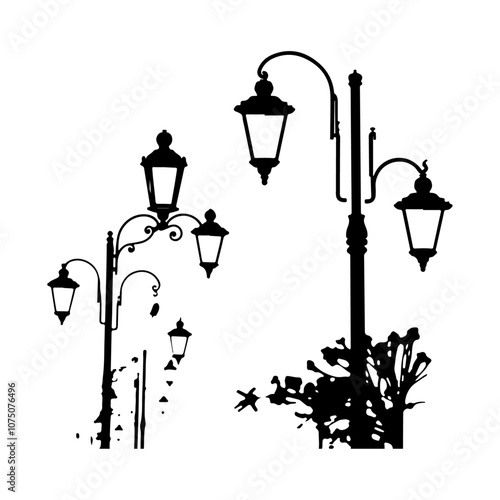 lit old street lamps vector black color silhouette solid white background