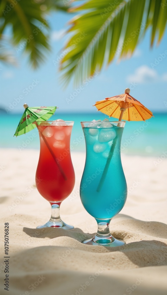 Vibrant beach setting showcasing colorful cocktails served in tall glasses with umbrellas Vibrant beach setting showcasing colorful cocktails served in tall glasses with umbrellas