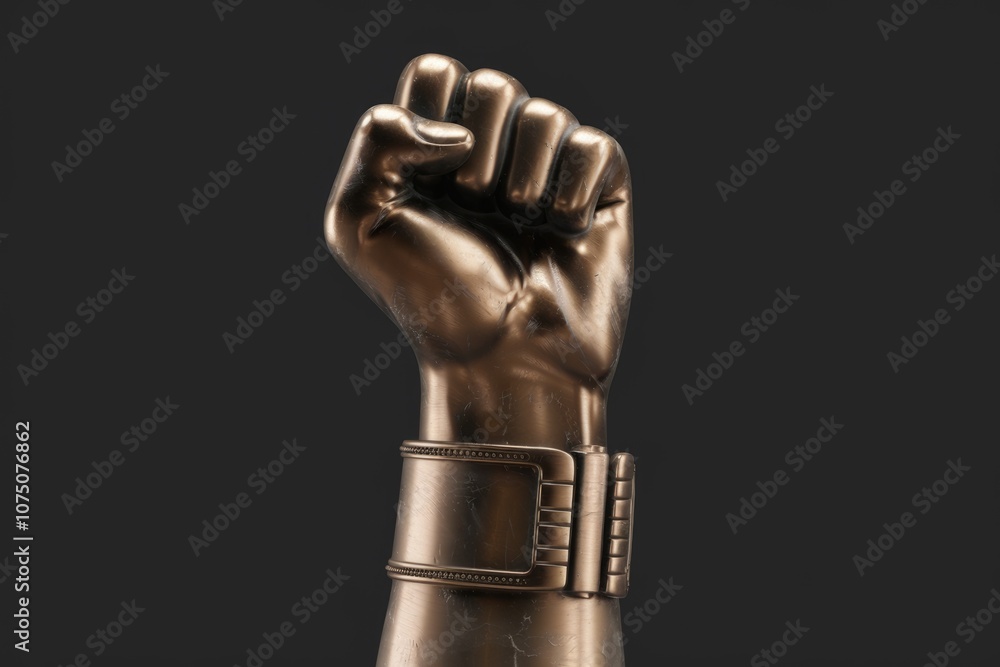 A clenched bronze fist with a detailed metal bracelet A clenched bronze fist with a detailed metal bracelet