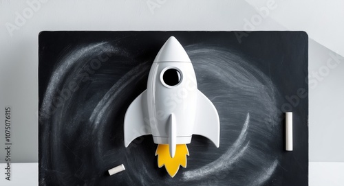 Start up concept with a rocket on a blackboard. photo