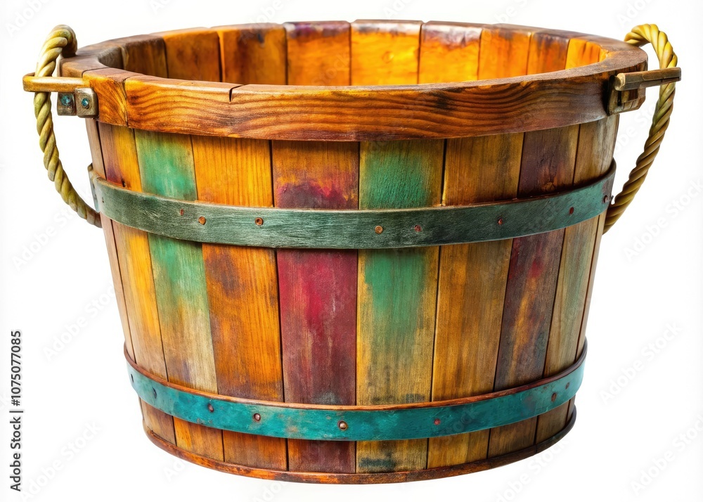Old Wooden Bucket with Handles for Rustic Home Decor and Gardening, Vintage Style, Isolated on White Background, Perfect for Product Photography Old Wooden Bucket with Handles for Rustic Home Decor and Gardening, Vintage Style, Isolated on White Background, Perfect for Product Photography