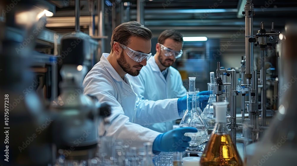 Two Chemists Working With Glassware in a Laboratory Two Chemists Working With Glassware in a Laboratory