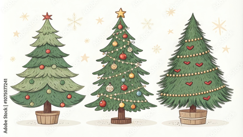 Christmas trees adorned with ornaments, stars, lights, and hearts, spreading festive cheer and winter enchantment Christmas trees adorned with ornaments, stars, lights, and hearts, spreading festive cheer and winter enchantment