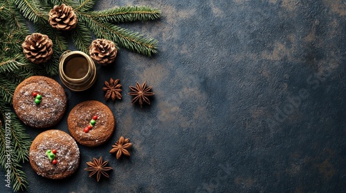 Festive scene featuring cookies, pinecones, and spices on a textured background.