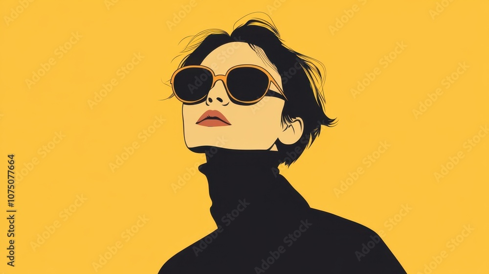 Stylish young woman in sunglasses with short hair posing against a vibrant yellow background, showcasing a modern and chic fashion sense and confident demeanor. Stylish young woman in sunglasses with short hair posing against a vibrant yellow background, showcasing a modern and chic fashion sense and confident demeanor.