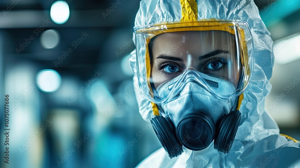 Close-up of a Person Wearing a Protective Suit, Goggles, and Respirator Mask Close-up of a Person Wearing a Protective Suit, Goggles, and Respirator Mask