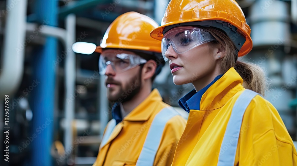 Two Industrial Workers in Yellow Hard Hats and Safety Glasses Two Industrial Workers in Yellow Hard Hats and Safety Glasses