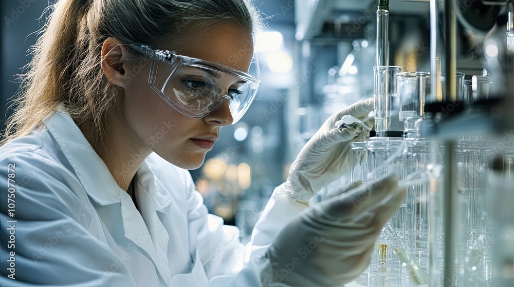 A female scientist in a lab coat, wearing safety glasses, carefully examines a vial filled with liquid in a glass shelf unit. A female scientist in a lab coat, wearing safety glasses, carefully examines a vial filled with liquid in a glass shelf unit.